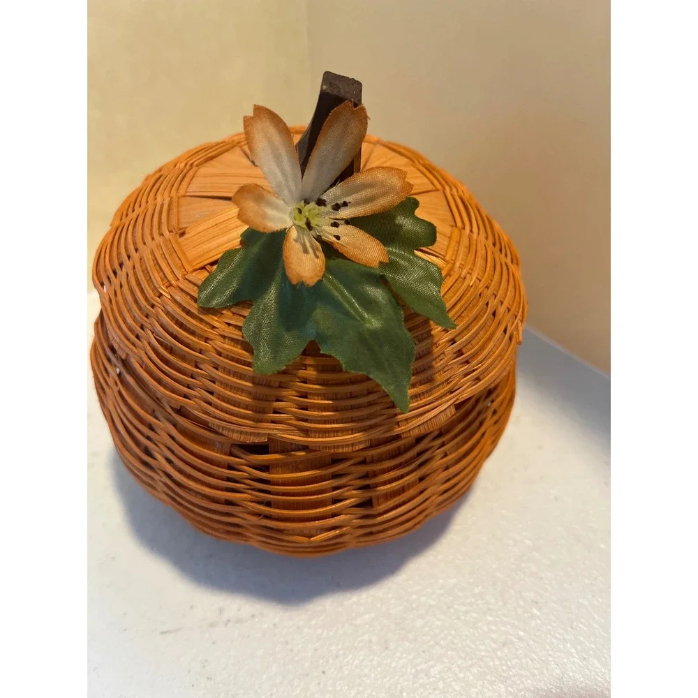 Orange Wicker Pumpkin Basket with Lid Fall Autumn Decor Floral Accent 5 Inch